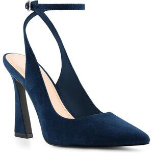 Women's  Navy Blue Faux Leather Pointed Toe Closed Ankle Strap Stylish Heel
